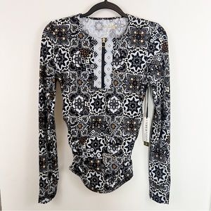 Ambernoon II by Dr. Erum Ilyas Floral Print 1/4 Zip Roll Tab Sleeve Rash Guard